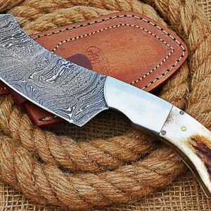 HUNTEX Handmade Hand-Forged Twist Pattern Damascus Steel 9 Inch Long Full Tang Natural Deer Antler Handle Razor Sharp Hunting Camping Cleaver Knife w/Genuine Leather Sheath