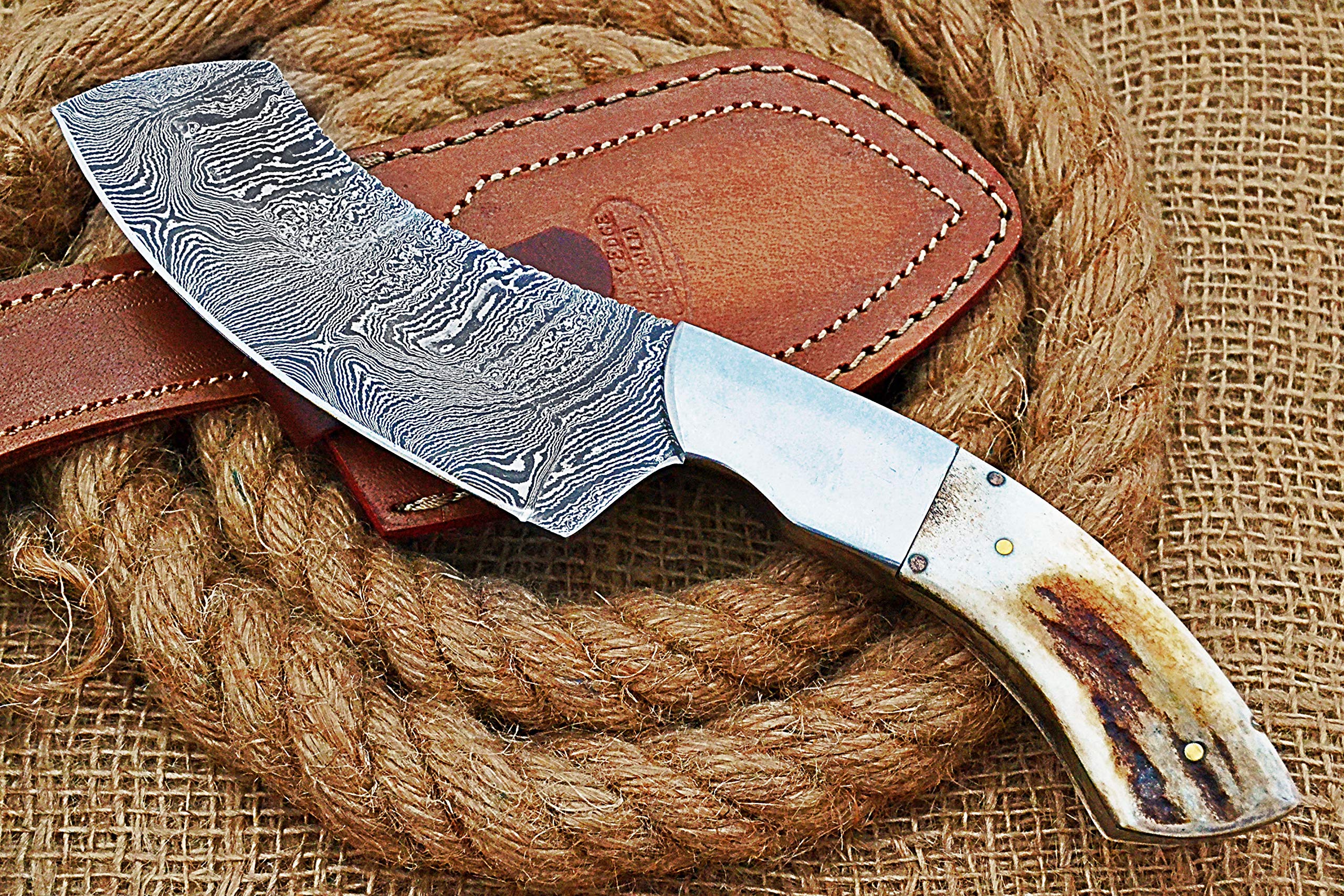 HUNTEX Handmade Hand-Forged Twist Pattern Damascus Steel 9 Inch Long Full Tang Natural Deer Antler Handle Razor Sharp Hunting Camping Cleaver Knife w/Genuine Leather Sheath