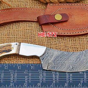 HUNTEX Handmade Hand-Forged Twist Pattern Damascus Steel 9 Inch Long Full Tang Natural Deer Antler Handle Razor Sharp Hunting Camping Cleaver Knife w/Genuine Leather Sheath