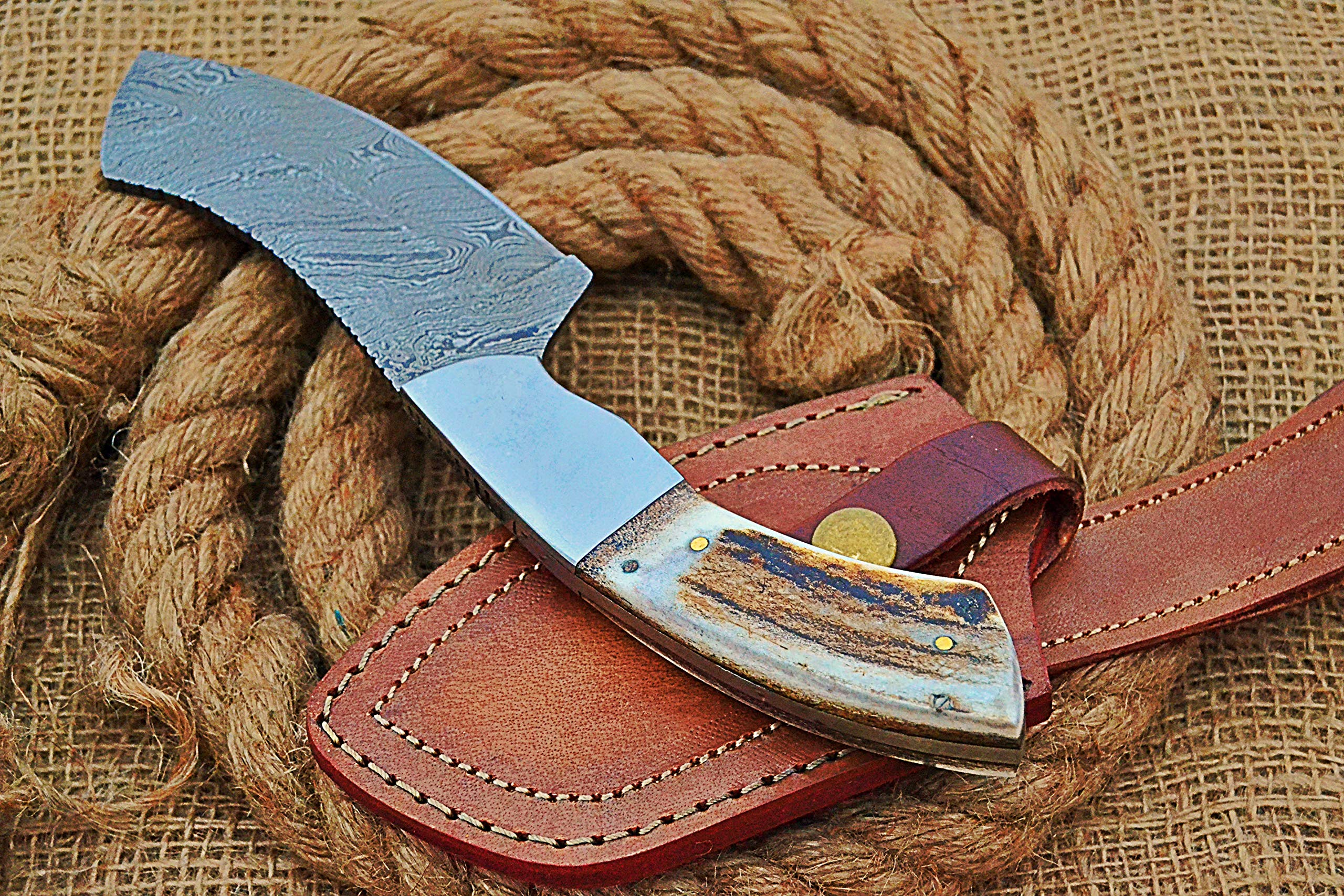 HUNTEX Handmade Hand-Forged Twist Pattern Damascus Steel 9 Inch Long Full Tang Natural Deer Antler Handle Razor Sharp Hunting Camping Cleaver Knife w/Genuine Leather Sheath