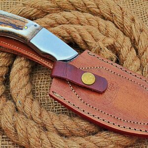 HUNTEX Handmade Hand-Forged Twist Pattern Damascus Steel 9 Inch Long Full Tang Natural Deer Antler Handle Razor Sharp Hunting Camping Cleaver Knife w/Genuine Leather Sheath