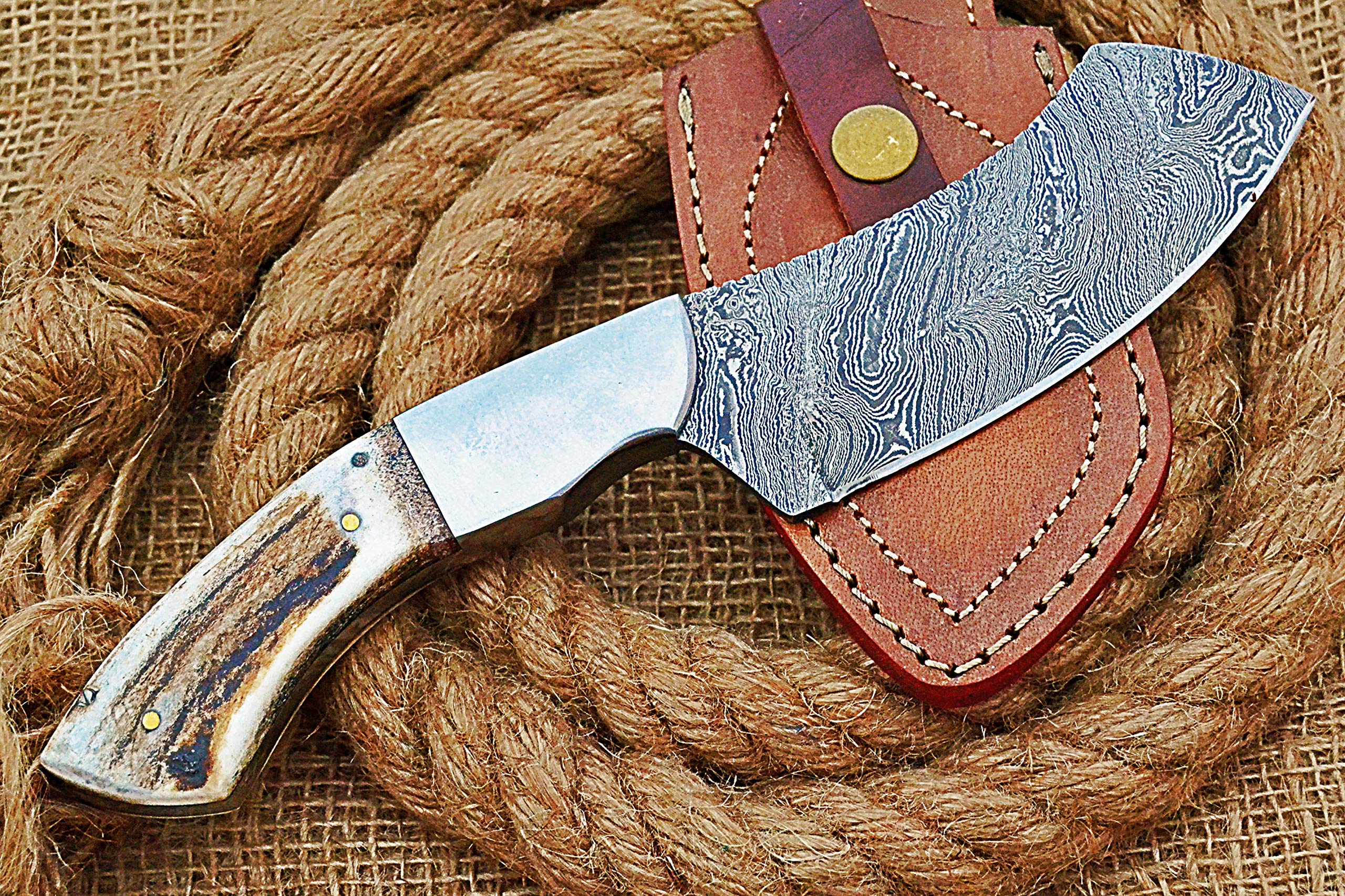 HUNTEX Handmade Hand-Forged Twist Pattern Damascus Steel 9 Inch Long Full Tang Natural Deer Antler Handle Razor Sharp Hunting Camping Cleaver Knife w/Genuine Leather Sheath