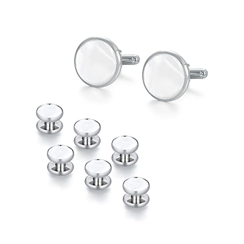 UJOY Mens Mother of Pearl Cufflinks and Studs Tuxedo Bottons Set Presentation Box Business Dress Parts for Wedding Party XDS14 silver white