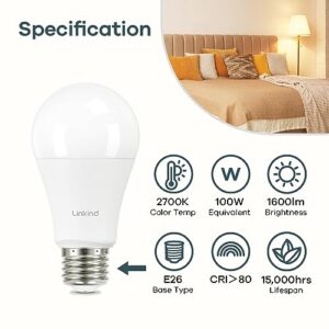 Linkind A19 LED Light Bulb, 100W Equivalent Light Bulbs, 14W 2700K Soft White, 1600 Lumens Non-Dimmable LED Bulb, E26 Standard Base Bulbs for Home Kitchen Bedroom Living Room, UL Listed, 4-Pack