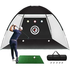 golf practice net, 10x7ft golf hitting training aids nets with target and carry bag for backyard driving chipping - 1 golf mat -5 golf balls - 1 golf tees- men kids indoor outdoor sports game