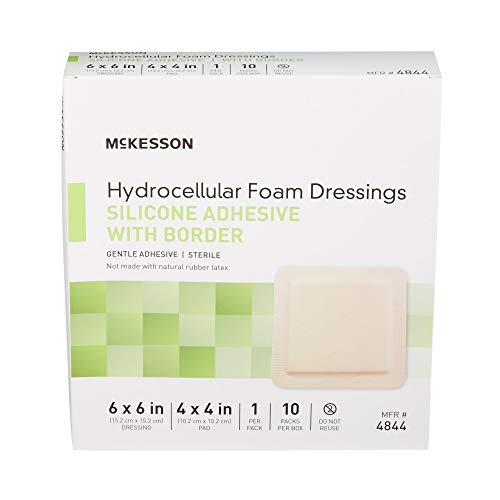 McKesson Hydrocellular Foam Dressings, Sterile, Silicone Adhesive with Border, Dimension 6 in x 6 in, Pad 4 in x 4 in, 10 Count, 1 Pack