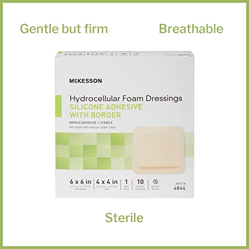 McKesson Hydrocellular Foam Dressings, Sterile, Silicone Adhesive with Border, Dimension 6 in x 6 in, Pad 4 in x 4 in, 10 Count, 1 Pack