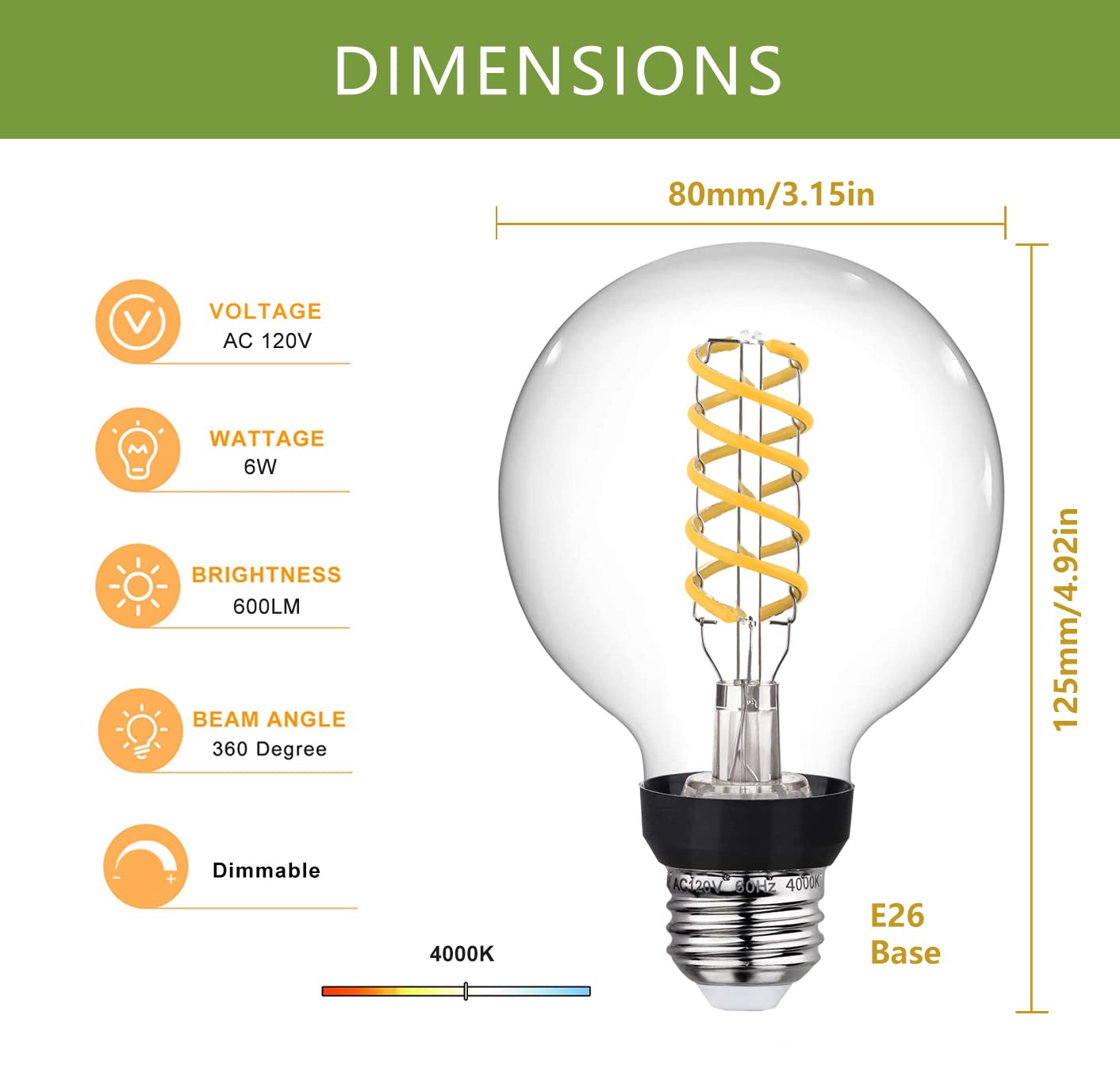 MEILUX G25(G80) 6W LED Globe Light Bulbs, Neutral White 4000K, 6W Equivalent to 60W, 600LM E26 Base Dimmable with 80+ CRI, Vintage Edison LED Filament Clear Bulbs for Bathroom Bedroom Vanity(6 Pack)