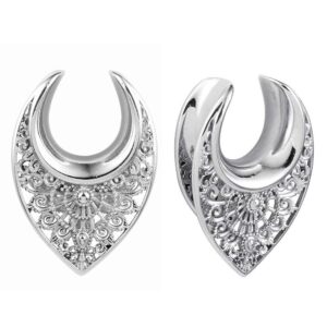 Casvort 2 PCS 10mm (00g) Hypoallergenic 316 Stainless Steel Silver Floral Saddle Hangers Tunnels Reverse Saddle Gauges Piercing Body Jewelry