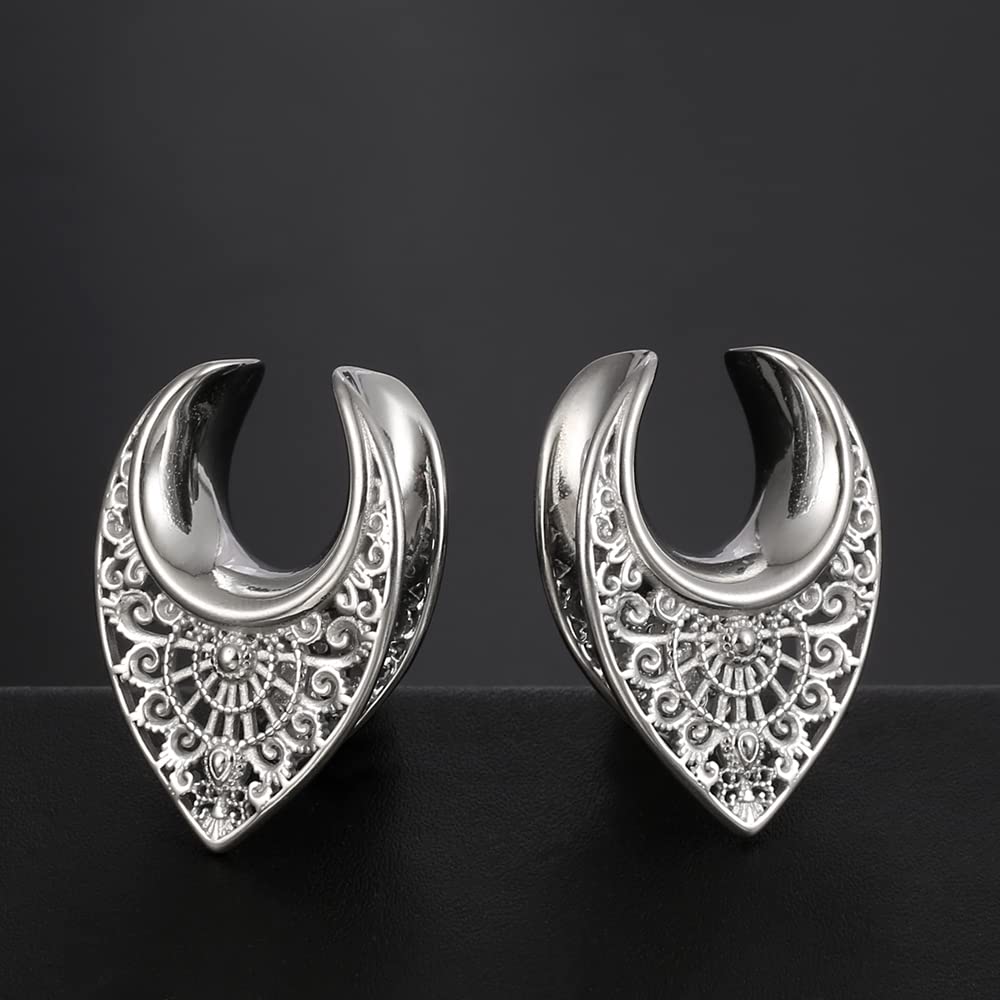 Casvort 2 PCS 10mm (00g) Hypoallergenic 316 Stainless Steel Silver Floral Saddle Hangers Tunnels Reverse Saddle Gauges Piercing Body Jewelry