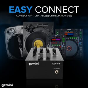 Gemini Sound MXR-01BT Professional Bluetooth 2-Channel DJ Mixer 3-Band EQ and Gain 2 Phono/Line Stereo Channels Crossfader Curve and Reverse Switches Microphone Input Headphone Output Master Outputs