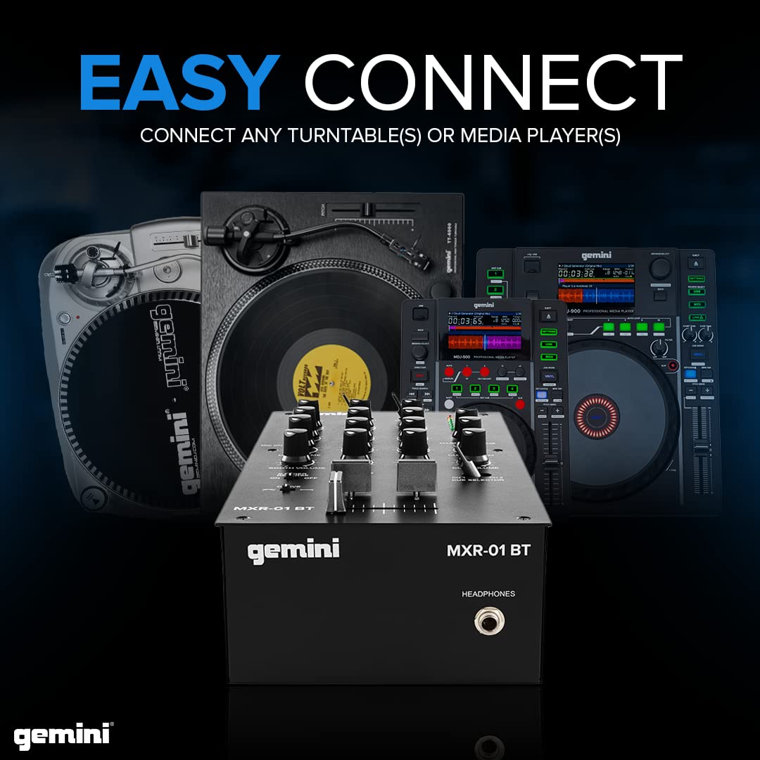 Gemini Sound MXR-01BT Professional Bluetooth 2-Channel DJ Mixer 3-Band EQ and Gain 2 Phono/Line Stereo Channels Crossfader Curve and Reverse Switches Microphone Input Headphone Output Master Outputs