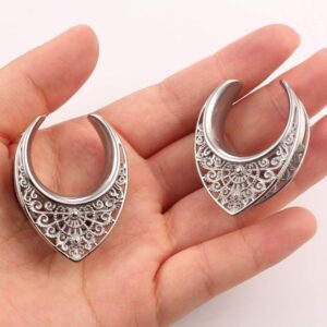 Casvort 2 PCS 10mm (00g) Hypoallergenic 316 Stainless Steel Silver Floral Saddle Hangers Tunnels Reverse Saddle Gauges Piercing Body Jewelry