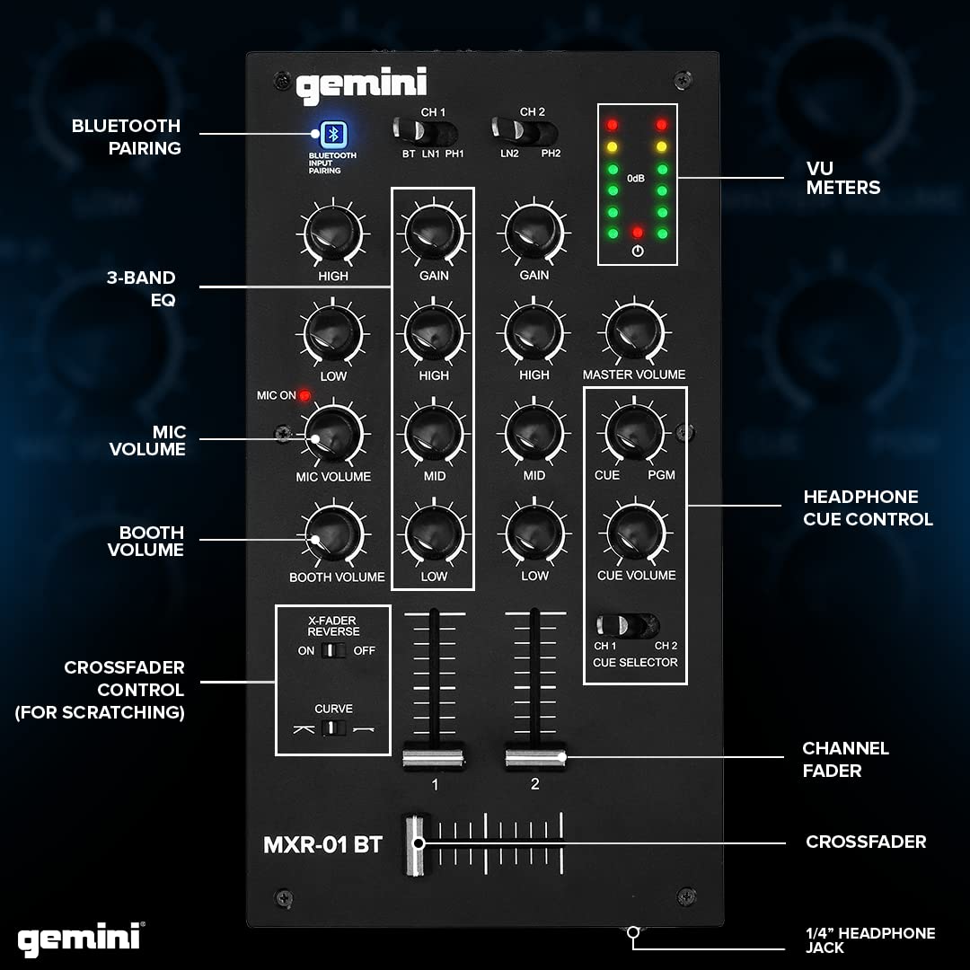 Gemini Sound MXR-01BT Professional Bluetooth 2-Channel DJ Mixer 3-Band EQ and Gain 2 Phono/Line Stereo Channels Crossfader Curve and Reverse Switches Microphone Input Headphone Output Master Outputs