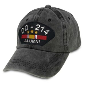 VetFriends.com US Veteran Hat with DD-214 Alumni Text and National Service Ribbon Graphic - Embroidered Adjustable Vintage Washed Gray