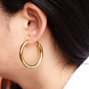 14k Gold Plated Thick Gold Hoop Earrings Lightweight Hollow Tube Earings for Women Hypoallergenic Chunky Gold Hoop Earrings 40mm