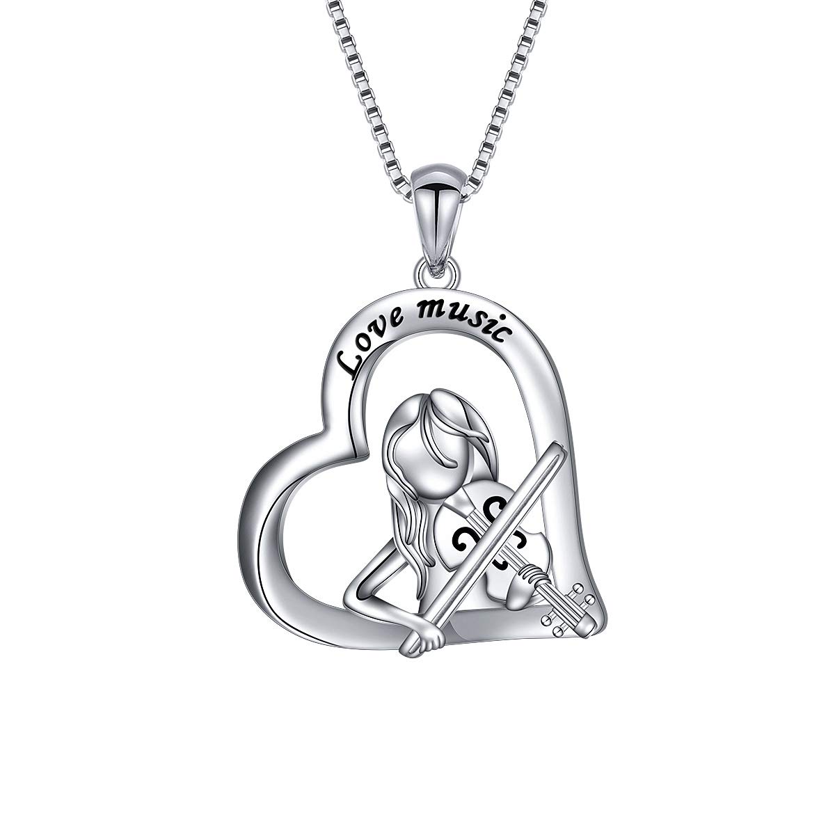 925 Sterling Silver I Love Music Girl Plays Violin Heart Pendant Necklace Fiddle Musical Jewelry for Violinist Daughter Women, 18 inch