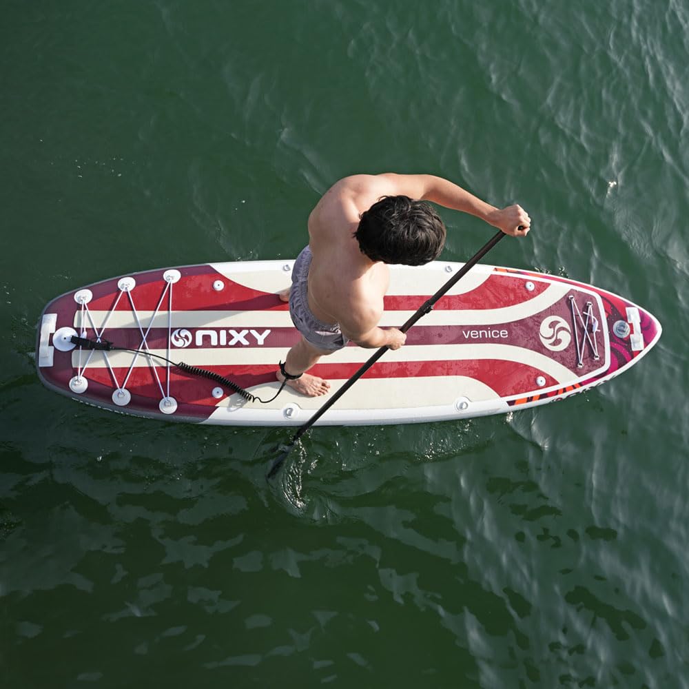 NIXY Venice G5 Cruiser & Yoga Inflatable Paddle Board | 10'6" x 34" x 6" Ultra-Light SUP with Welded Seams, Woven Drop Stitch for Safety and Durability. (Red)