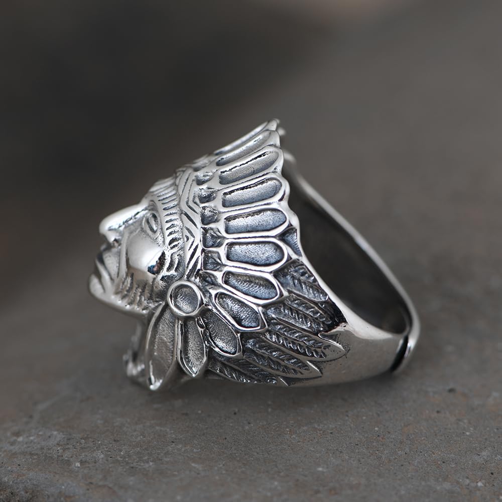 Vintage Real 925 Sterling Silver Native American Indian Chief Head Ring with Headdress for Men Women Open and Adjustable