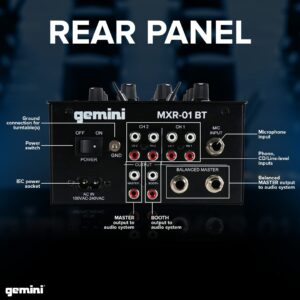 Gemini Sound MXR-01BT Professional Bluetooth 2-Channel DJ Mixer 3-Band EQ and Gain 2 Phono/Line Stereo Channels Crossfader Curve and Reverse Switches Microphone Input Headphone Output Master Outputs