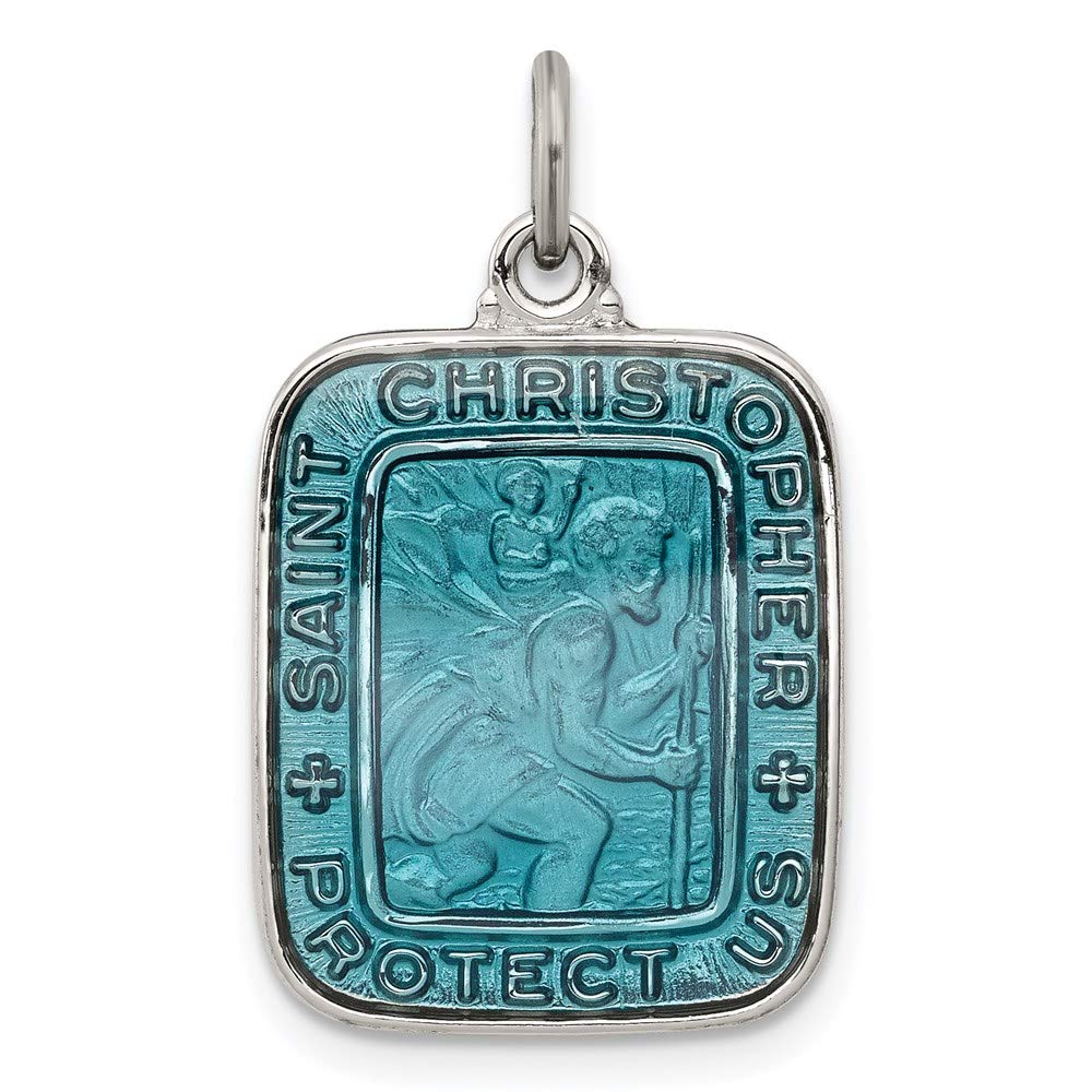 Sterling Silver Blue Enamel Square St. Christopher Medal Pendant QQC7374