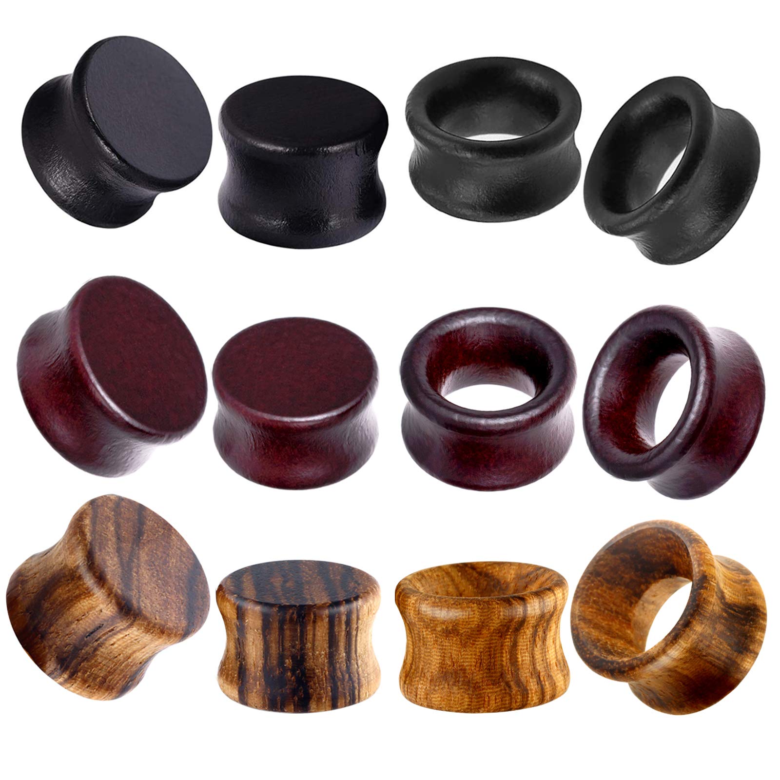 TIANCI FBYJS 12pcs Wood Ear Tunnels Wooden Gauges Vintage Black Brown Natural Organic Flesh Tunnel Plugs Piercing Stretcher Earrings 10mm 00g