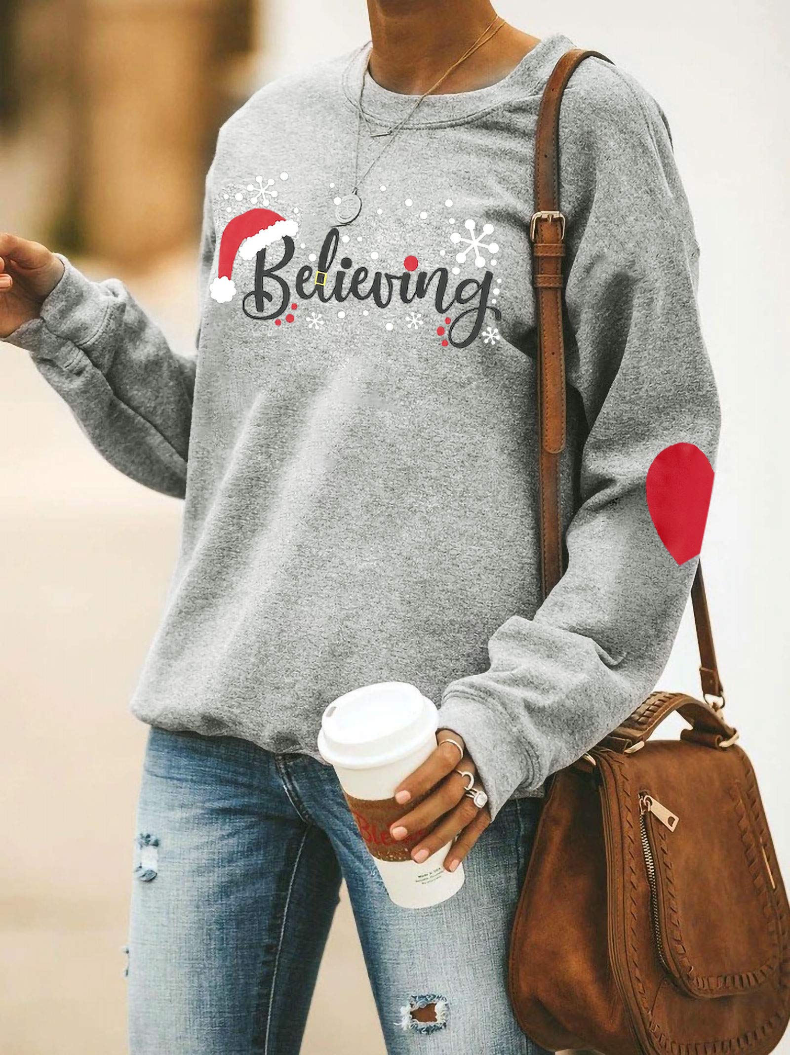 BLANCHES Christmas Sweatshirts for Women Believe Sweatshirt Funny Reindeer Snowman Xmas Holiday Long Sleeves Pullover Tops Grey