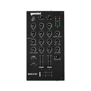 gemini sound mxr-01bt professional bluetooth 2-channel dj mixer 3-band eq and gain 2 phono/line stereo channels crossfader curve and reverse switches microphone input headphone output master outputs