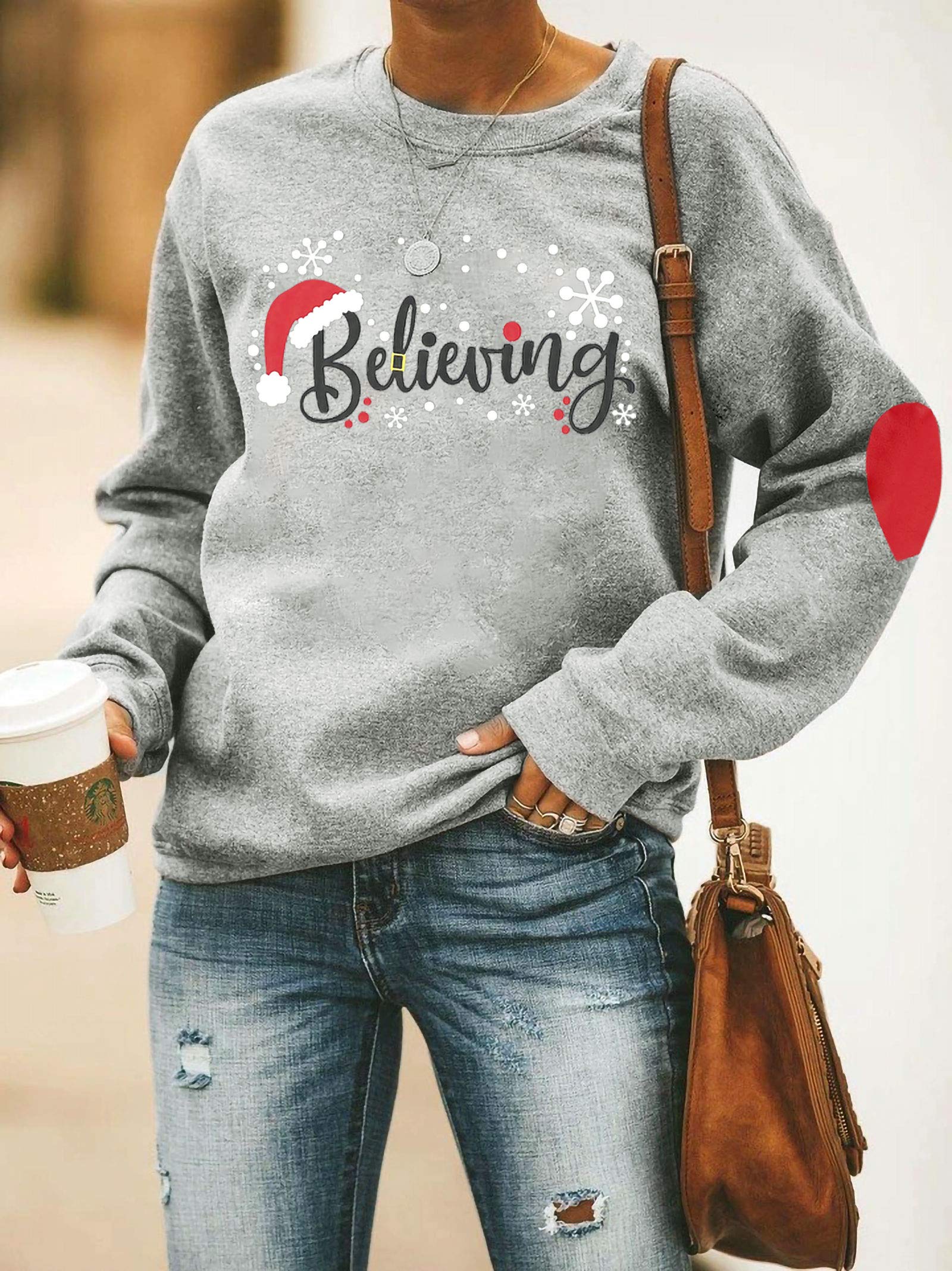 BLANCHES Christmas Sweatshirts for Women Believe Sweatshirt Funny Reindeer Snowman Xmas Holiday Long Sleeves Pullover Tops Grey