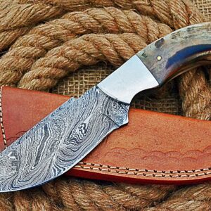 HUNTEX Handmade Hand-Forged Twist Pattern Damascus Steel 9 Inch Long Full Tang Natural Ram Horn Handle Razor Sharp Hunting Camping Boot Knife w/Genuine Leather Pouch