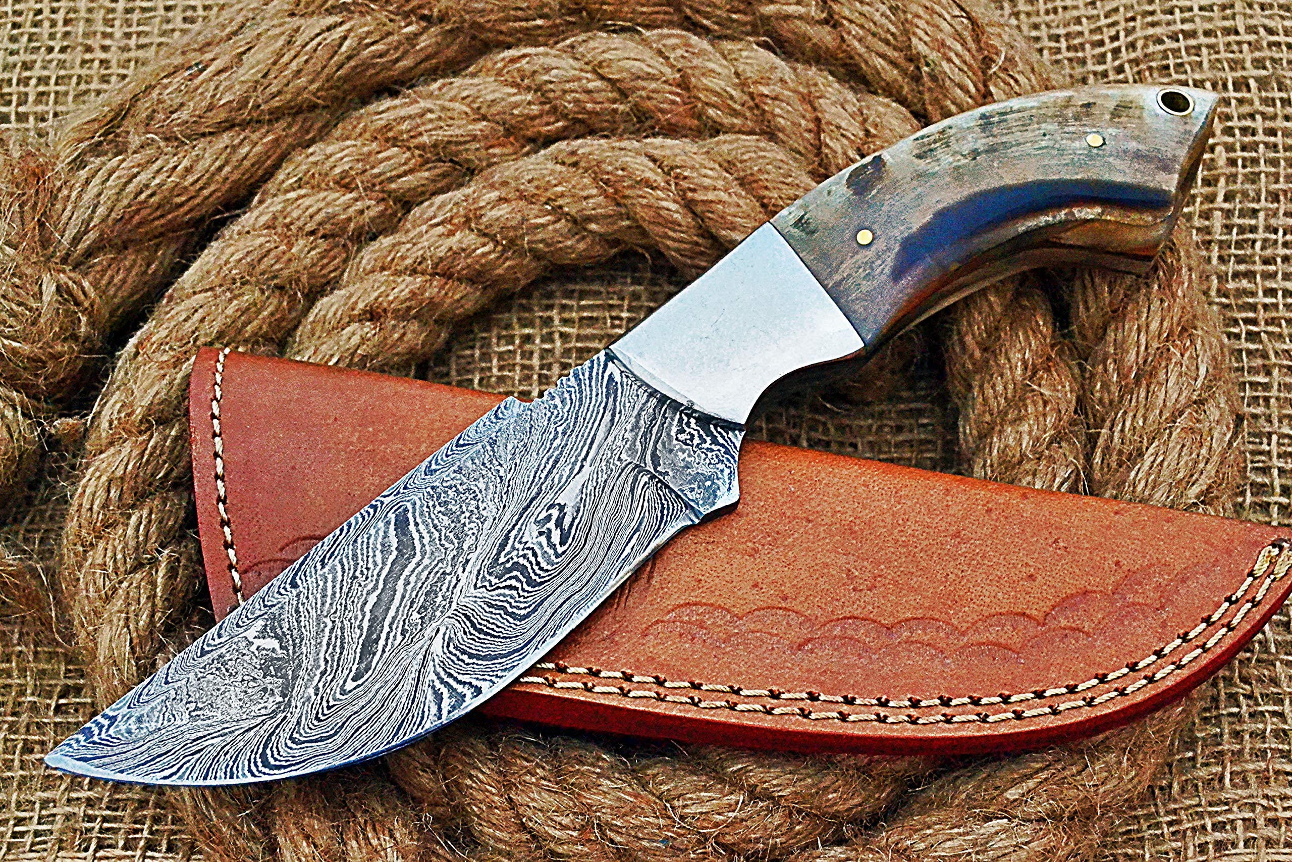 HUNTEX Handmade Hand-Forged Twist Pattern Damascus Steel 9 Inch Long Full Tang Natural Ram Horn Handle Razor Sharp Hunting Camping Boot Knife w/Genuine Leather Pouch