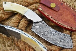 huntex handmade hand-forged twist pattern damascus steel 9 inch long full tang natural camel bone handle razor sharp hunting camping cleaver knife w/genuine leather sheath