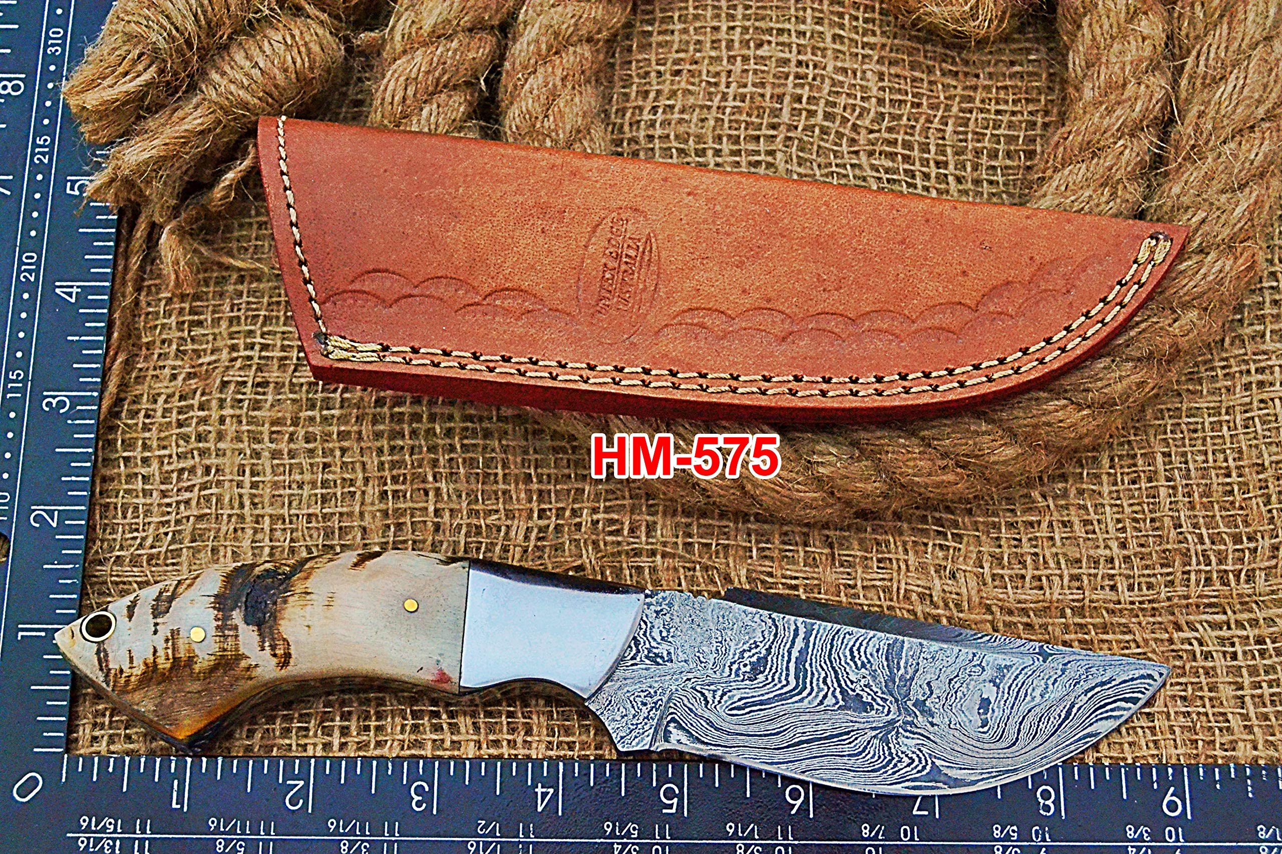 HUNTEX Handmade Hand-Forged Twist Pattern Damascus Steel 9 Inch Long Full Tang Natural Ram Horn Handle Razor Sharp Hunting Camping Boot Knife w/Genuine Leather Pouch