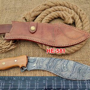 HUNTEX Handmade Hand-Forged Twist Pattern Damascus Steel 15 Inch Long Full Tang Natural Oak Wood Handle Razor Sharp Hunting Camping Kukri Knife w/Genuine Leather Sheath