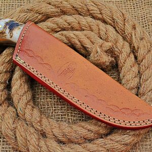 HUNTEX Handmade Hand-Forged Twist Pattern Damascus Steel 9 Inch Long Full Tang Natural Ram Horn Handle Razor Sharp Hunting Camping Boot Knife w/Genuine Leather Pouch