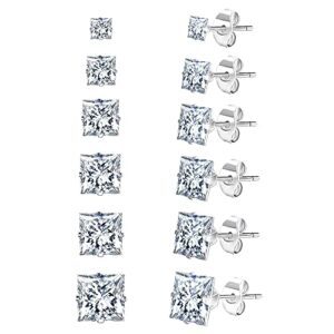 UHIBROS Stainless Steel Stud Earrings Set for Men, 18K White Gold Plated Square Cubic Zirconia Studs Hypoallergenic Mens Earrings Pack 6 Pairs, Gifts for Men Women