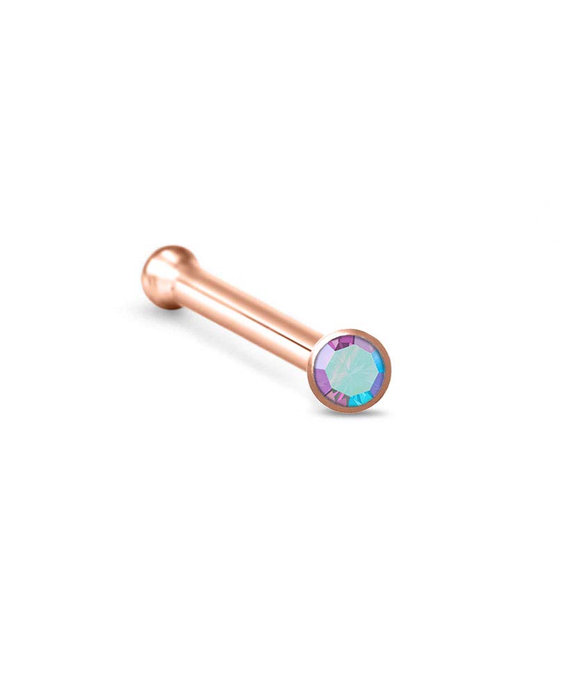 Rose Gold Plated 925 Sterling Silver Nose Stud Bone Ring 1.5mm Glued Aurora CZ 22G