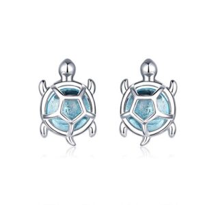 Cute Turtle Small Stud Earrings Sterling Silver S925 Blue Crystal Cubic Zirconia Sea Turtle Tiny Cartilage Statement Earring Studs Post Piercing Fashion Jewelry Gifts for Women Sensitive Ears