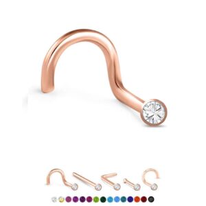 Rose Gold Plated 925 Sterling Silver Nose Stud Bone Ring 1.5mm Glued Aurora CZ 22G