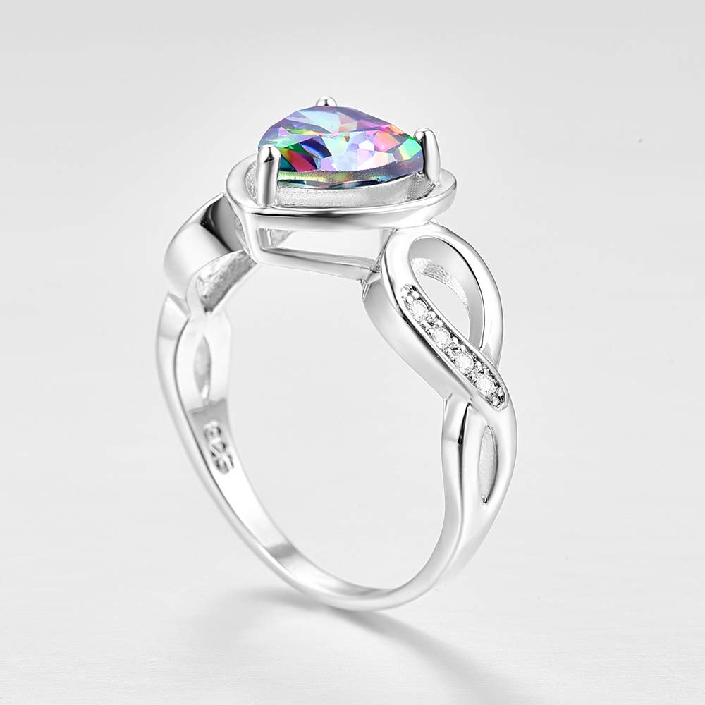 Emsione 925 Silver Plated Created Rainbow Topaz Heart Brilliant Cut Love Knot Eternity Anniversary Wedding Engagement Band Ring Size 7