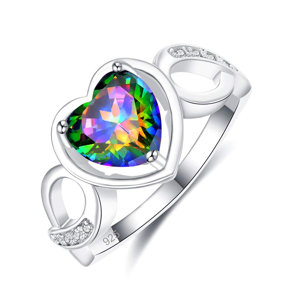 Emsione 925 Silver Plated Created Rainbow Topaz Heart Brilliant Cut Love Knot Eternity Anniversary Wedding Engagement Band Ring Size 7