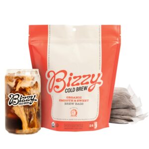 bizzy organic cold brew coffee | smooth & sweet blend | coarse ground coffee | medium roast | micro sifted | specialty grade | 100% arabica | brew bags | 4 count | makes 14 cups