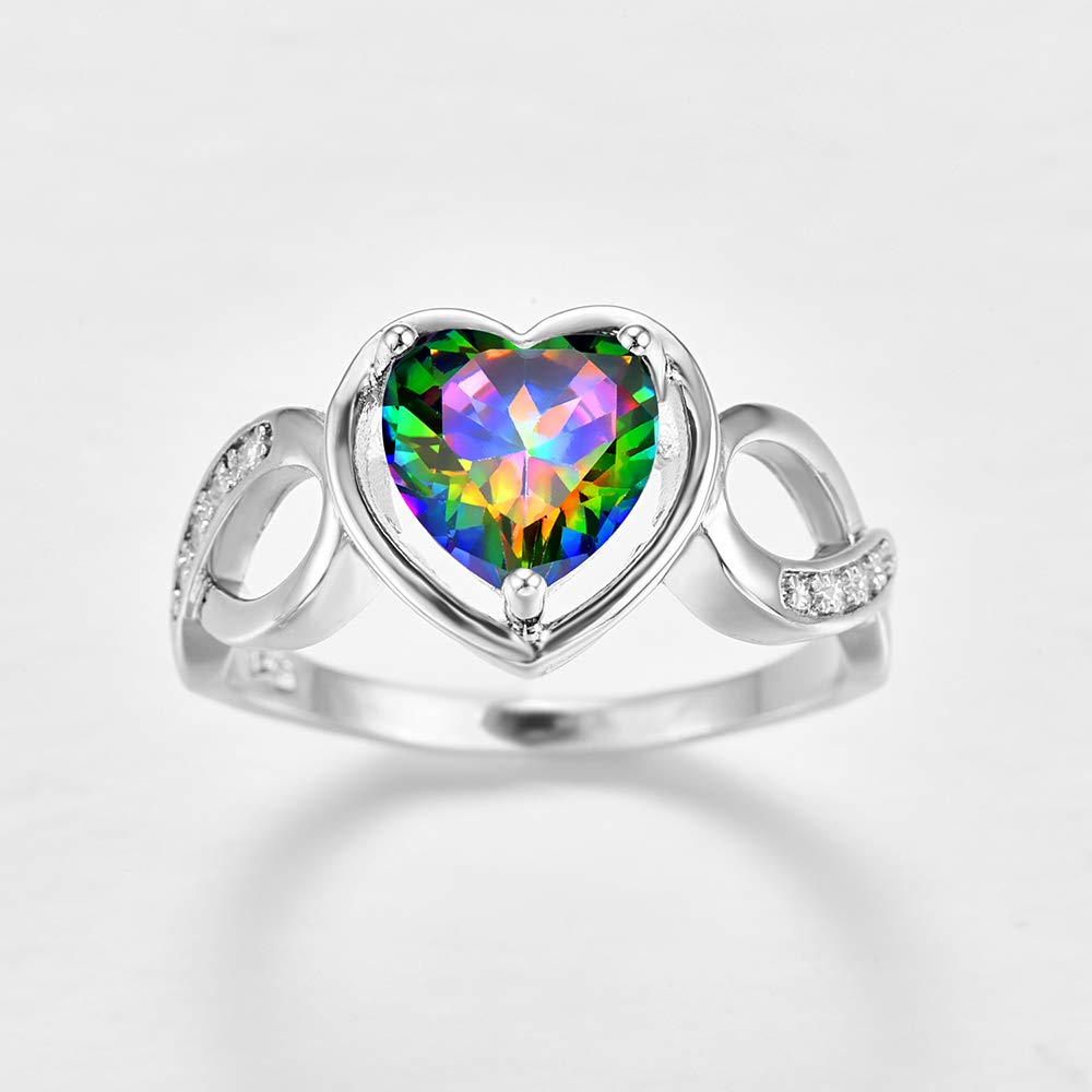 Emsione 925 Silver Plated Created Rainbow Topaz Heart Brilliant Cut Love Knot Eternity Anniversary Wedding Engagement Band Ring Size 7