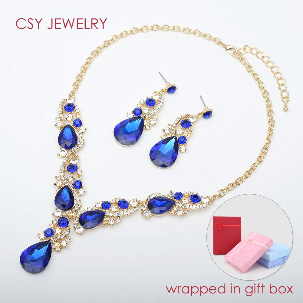 CSY Luxury Austrian Crystal Necklace Earrings Rhinestone Bridal Wedding Party Costume Jewelry Sets for Brides Bridesmaids Women (Royal Blue-Gold Tone)