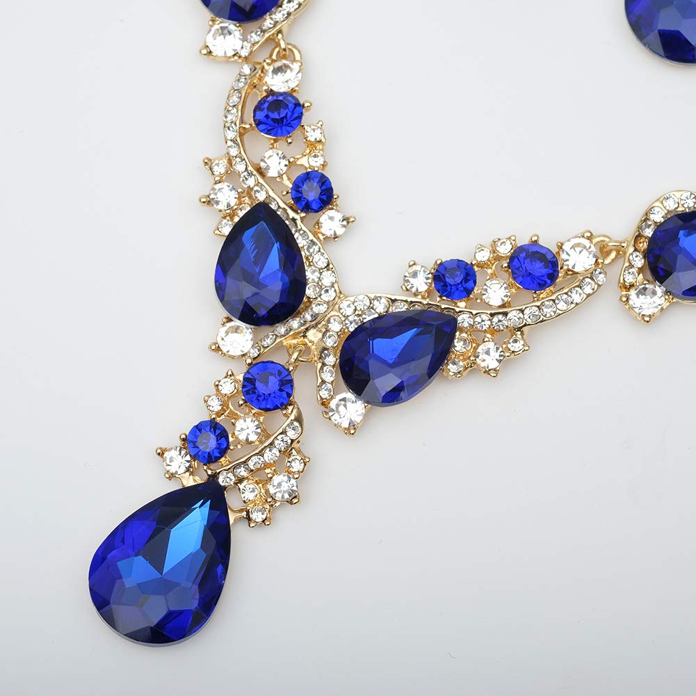 CSY Luxury Austrian Crystal Necklace Earrings Rhinestone Bridal Wedding Party Costume Jewelry Sets for Brides Bridesmaids Women (Royal Blue-Gold Tone)