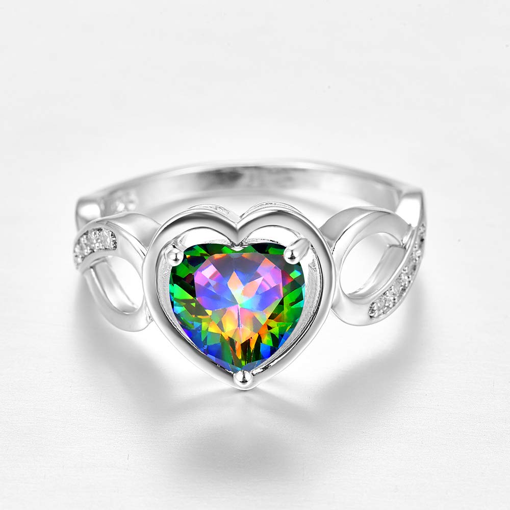 Emsione 925 Silver Plated Created Rainbow Topaz Heart Brilliant Cut Love Knot Eternity Anniversary Wedding Engagement Band Ring Size 7