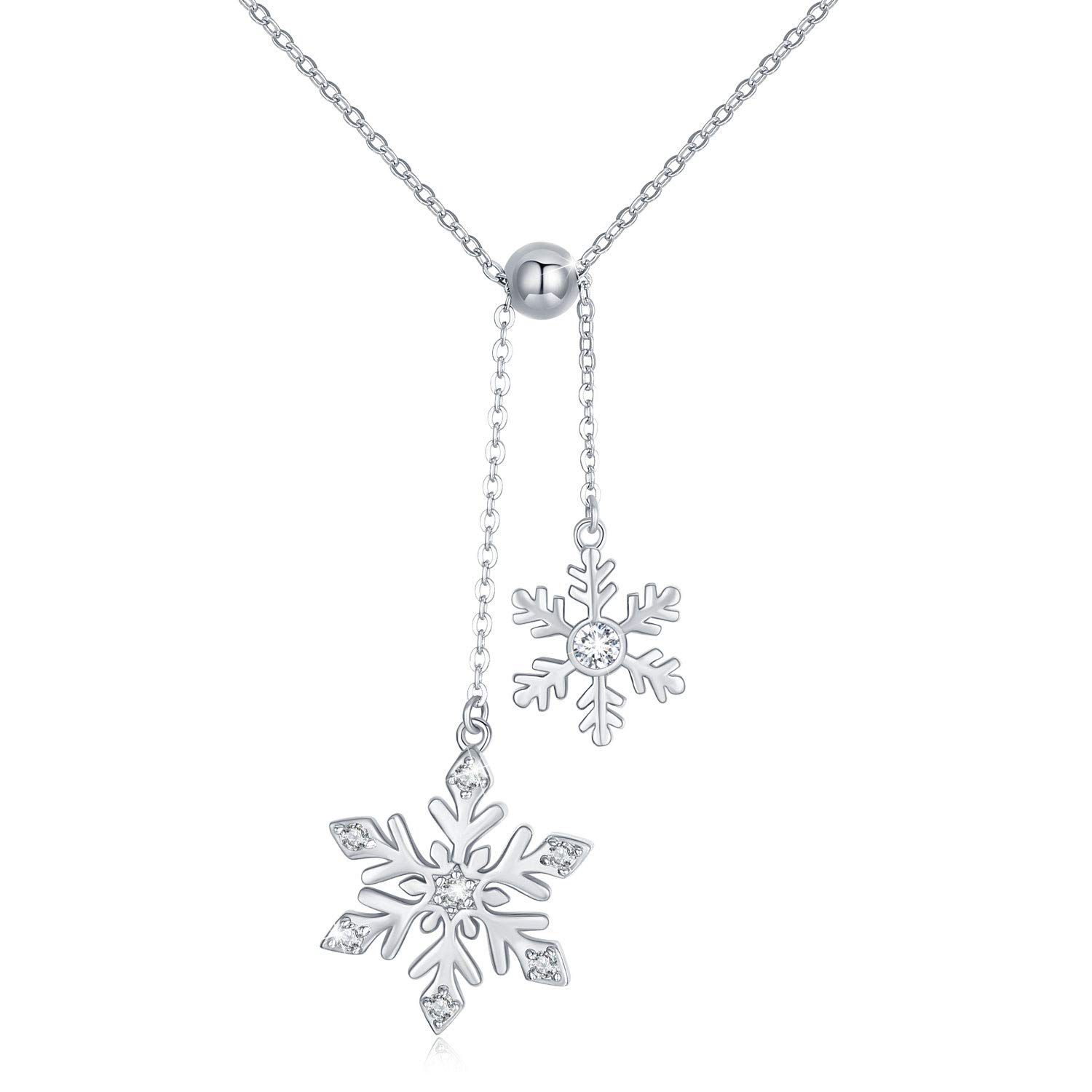 Snowflake Necklace Sterling Silver Frozen Double Snowflake with Shiny Cubic Zirconia Pendant Winter Jewerly Elegant Snow Gift for Women Girlfriend Sweater Christmas Thanksgiving Daily (18)