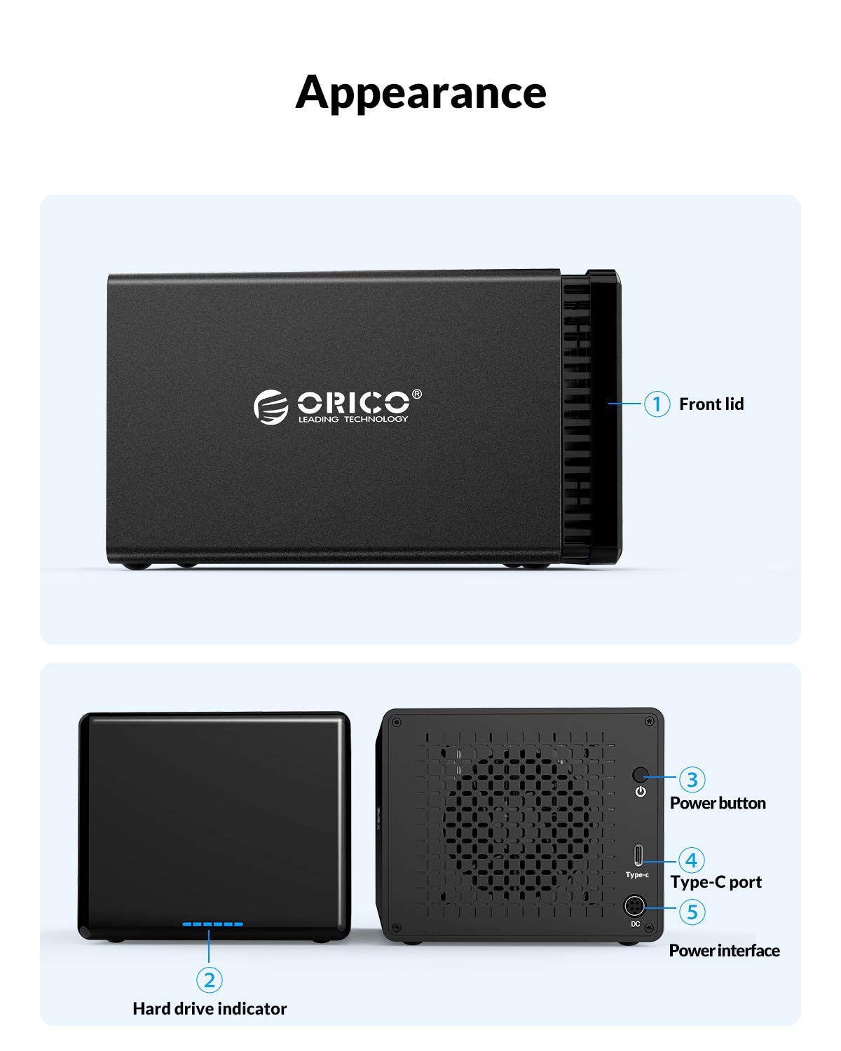 ORICO 4 Bay External Raid Hard Drive Enclosure Magnetic Aluminum Type C to SATA for 3.5inch HDD Tool Free Storage Case Support 7 RAID Modes Up to 64TB(4X16TB) - NS400RC3