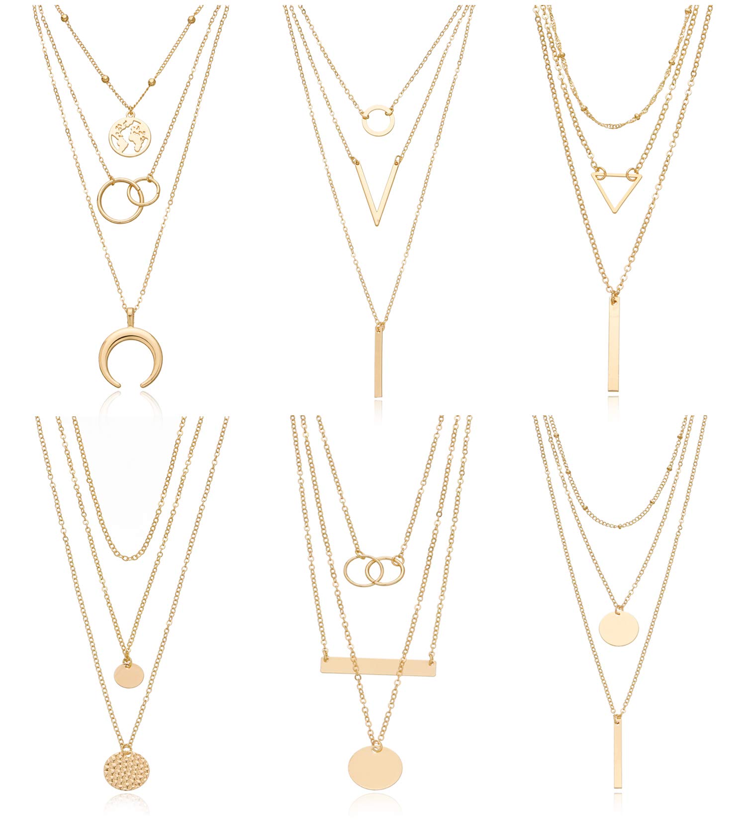 Biokia 6 Pieces Layered Necklaces For Women Long Necklaces Gold Choker Necklaces Map Coin Bar Crescent Moon Necklace Layered Y Pendant Necklace Multilayer