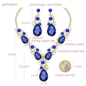 CSY Luxury Austrian Crystal Necklace Earrings Rhinestone Bridal Wedding Party Costume Jewelry Sets for Brides Bridesmaids Women (Royal Blue-Gold Tone)